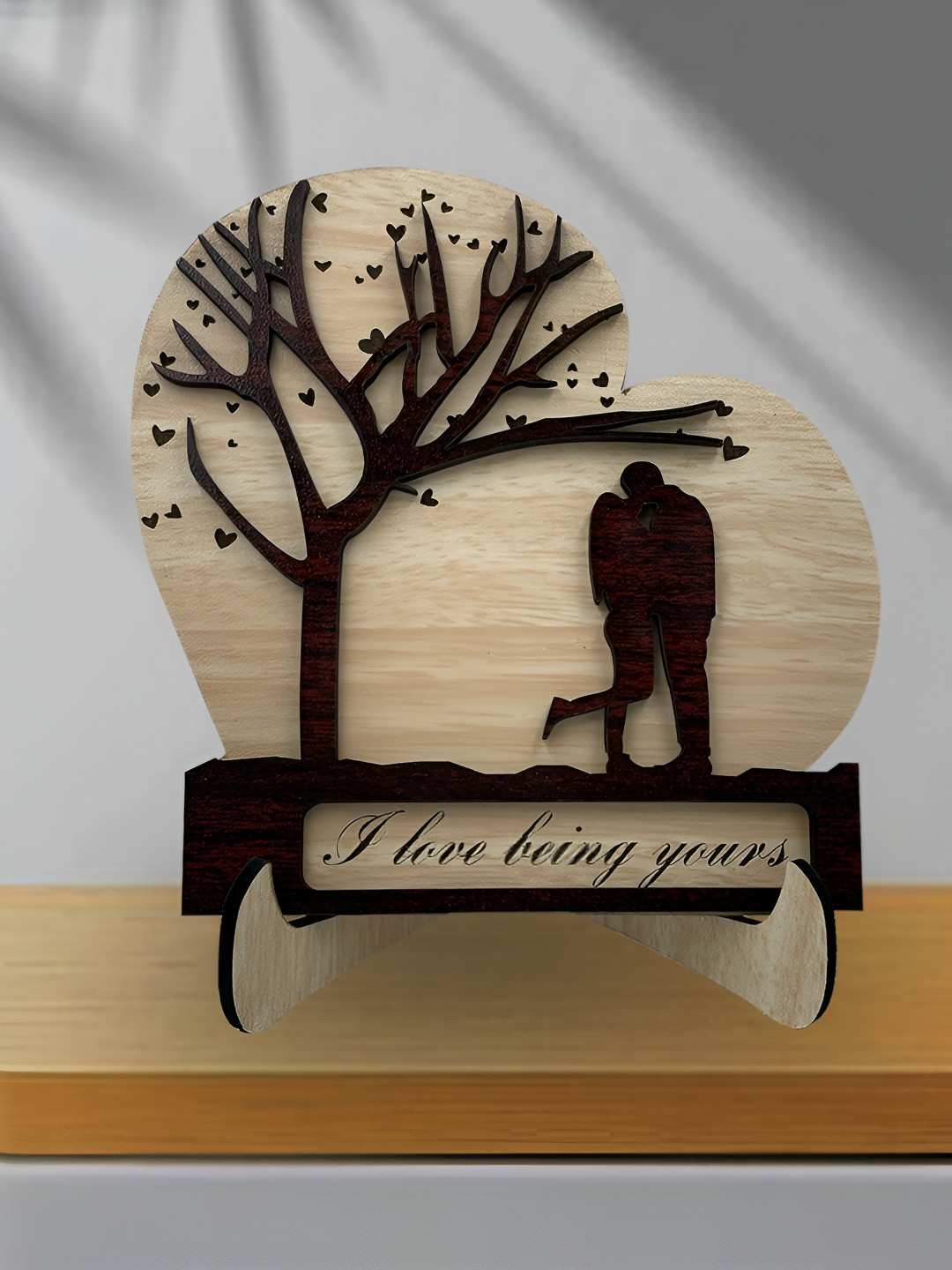 Phirki Studio 3D Heart Tree Couple Love Beige Wood Natural Living Room Set of 2 Small Showpieces - 6.5 Inches