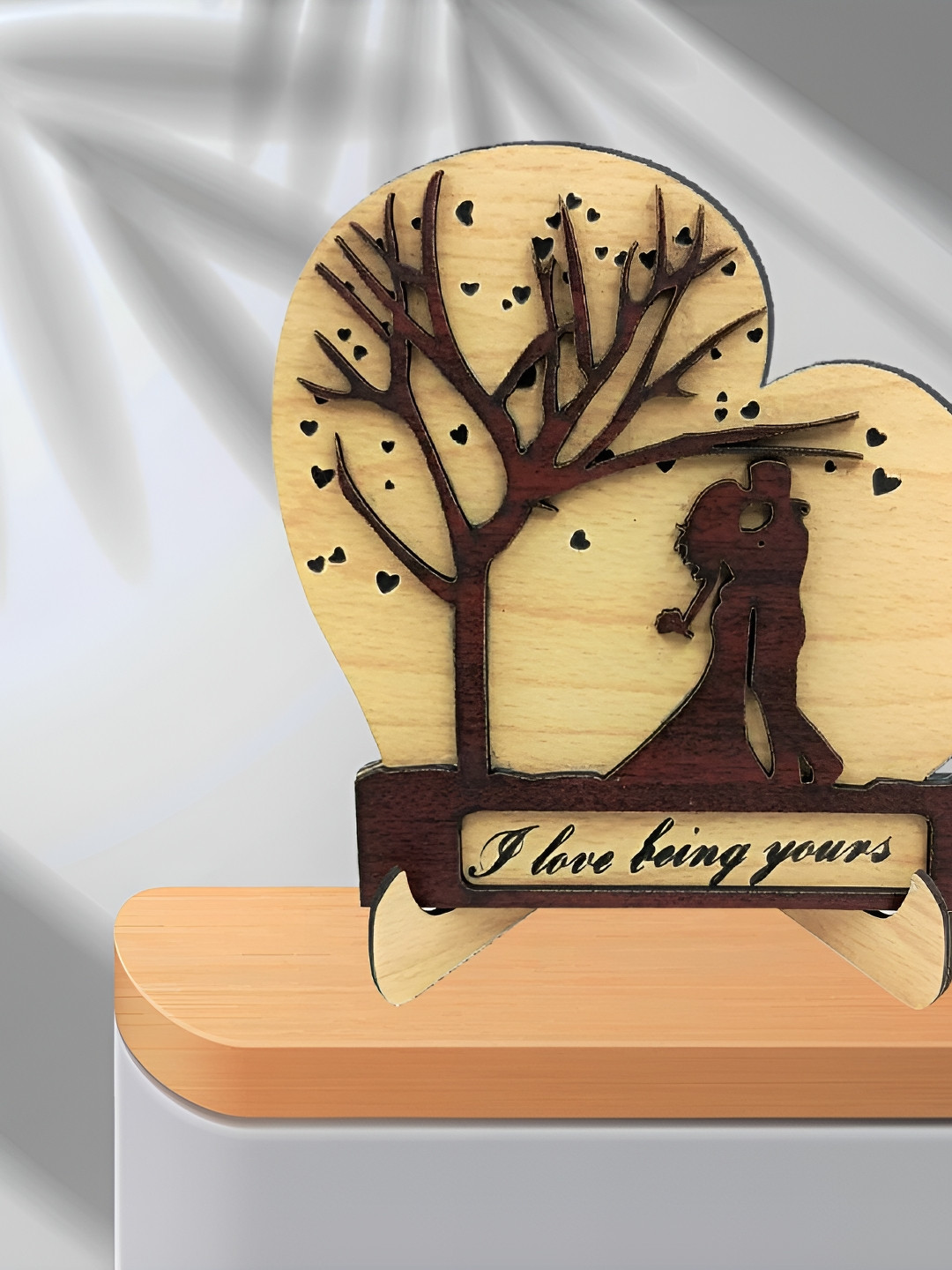 Phirki Studio Heart Tree with Engrave Couple Kiss Beige Wood Natural Living Room Small Showpiece - 6.5 Inches