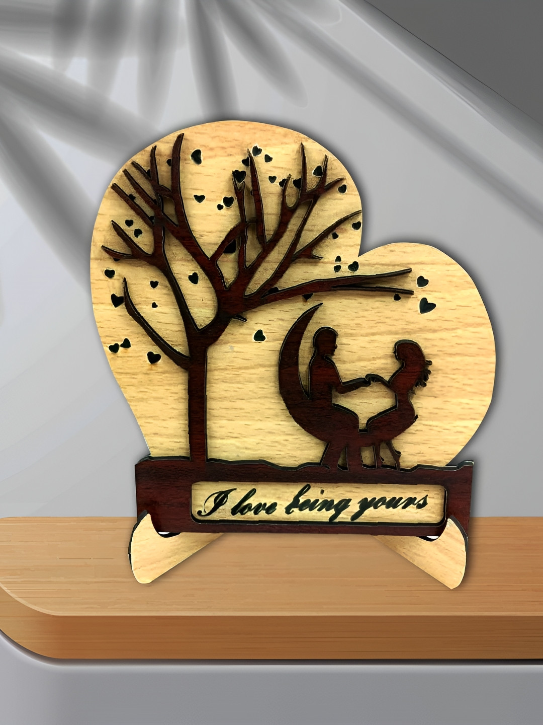 Phirki Studio 3D Heart Tree Beige Wood Natural Living Room Set of 2 Small Showpieces - 6.5 Inches