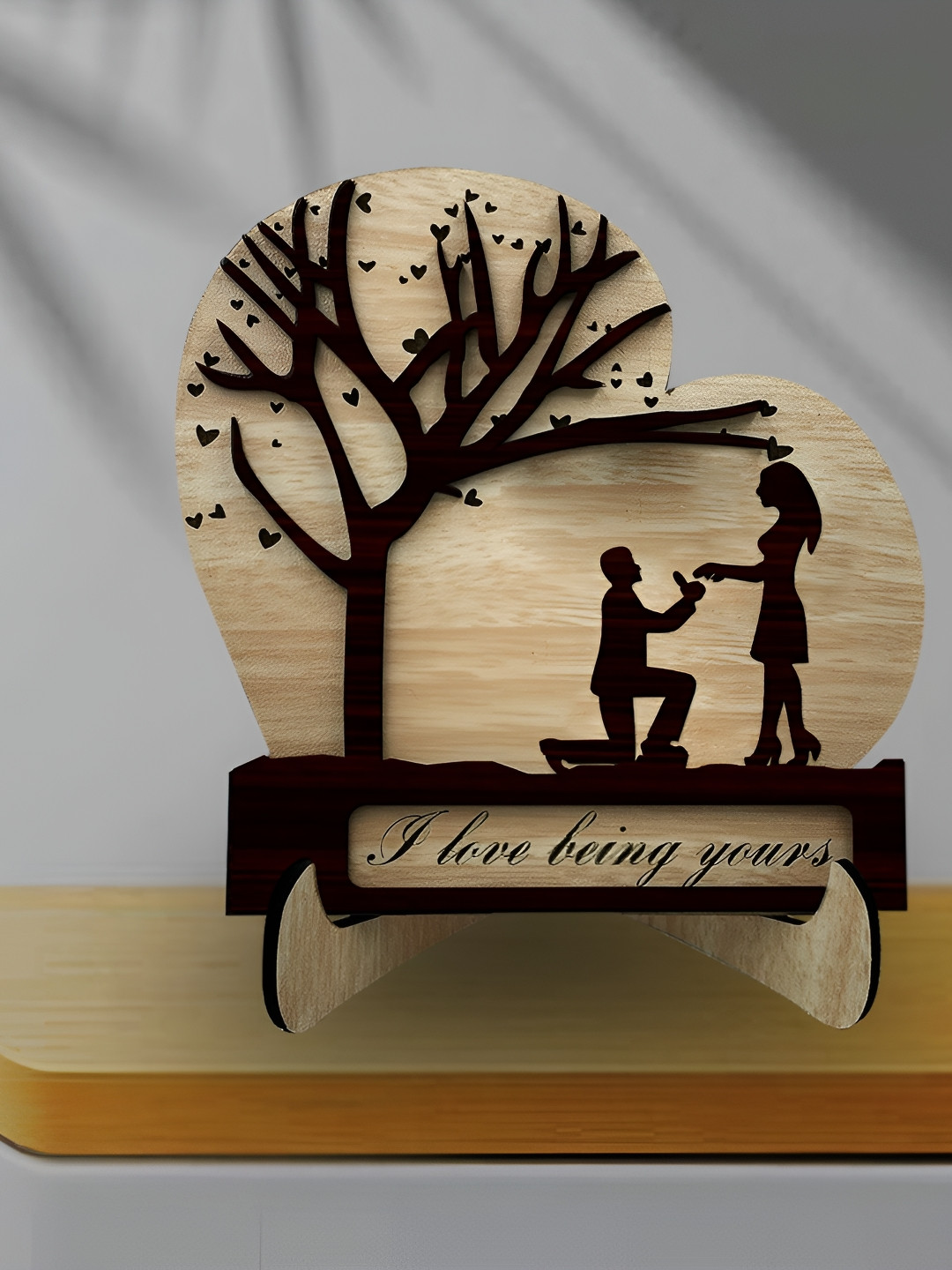 Phirki Studio Heart Tree Engrave Propose Couple Beige Wood Natural Living Room Set of 2 Small Showpieces - 6.5 Inches