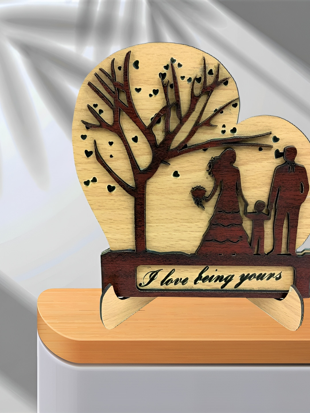 Phirki Studio 3D Heart Tree Beige Wood Natural Living Room Set of 2 Small Showpieces - 6.5 Inches