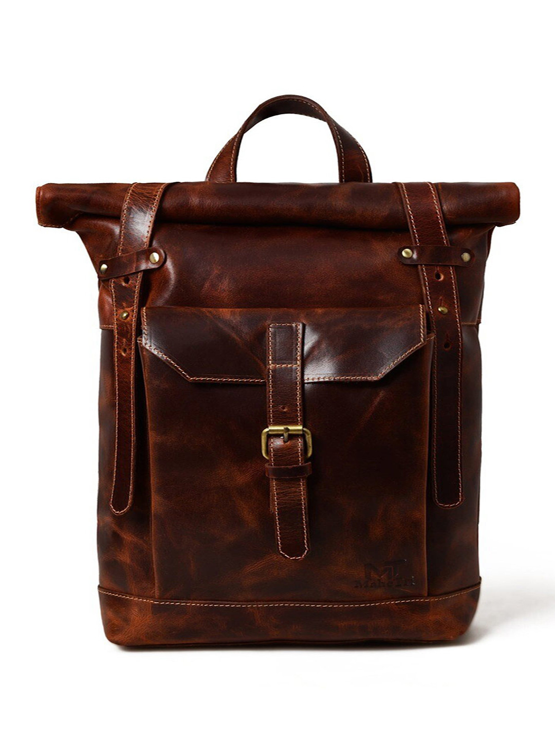 MaheTri Brown Saddleback Backpack- Roll Top