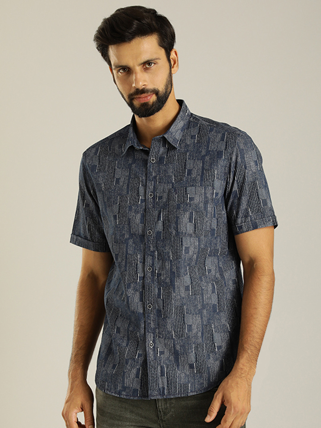 Indian Terrain Abstract Spread Collar Chest Pocket Half Sleeves Cotton Casual Shirt