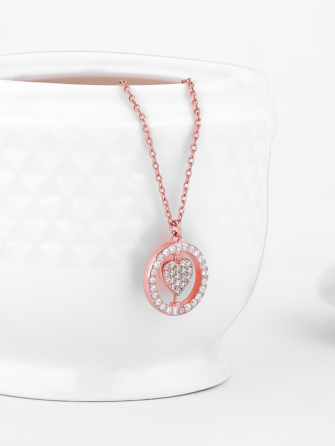 GIVA 925 Sterling Silver Rose Gold-Plated CZ-Studded Circle Pendant With Chain