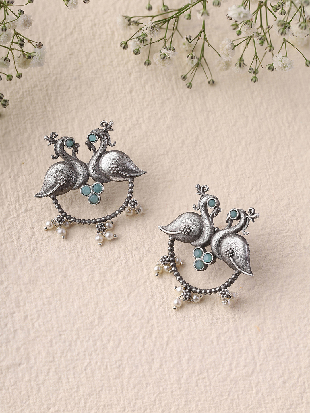 Priyaasi Oxidised Silver Plated Tribal Peacock Stud Earrings