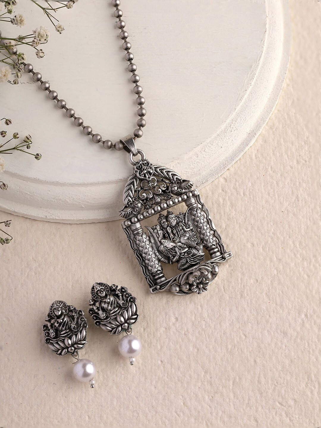 Priyaasi Silver-Plated Oxidized Temple Jewellery Set