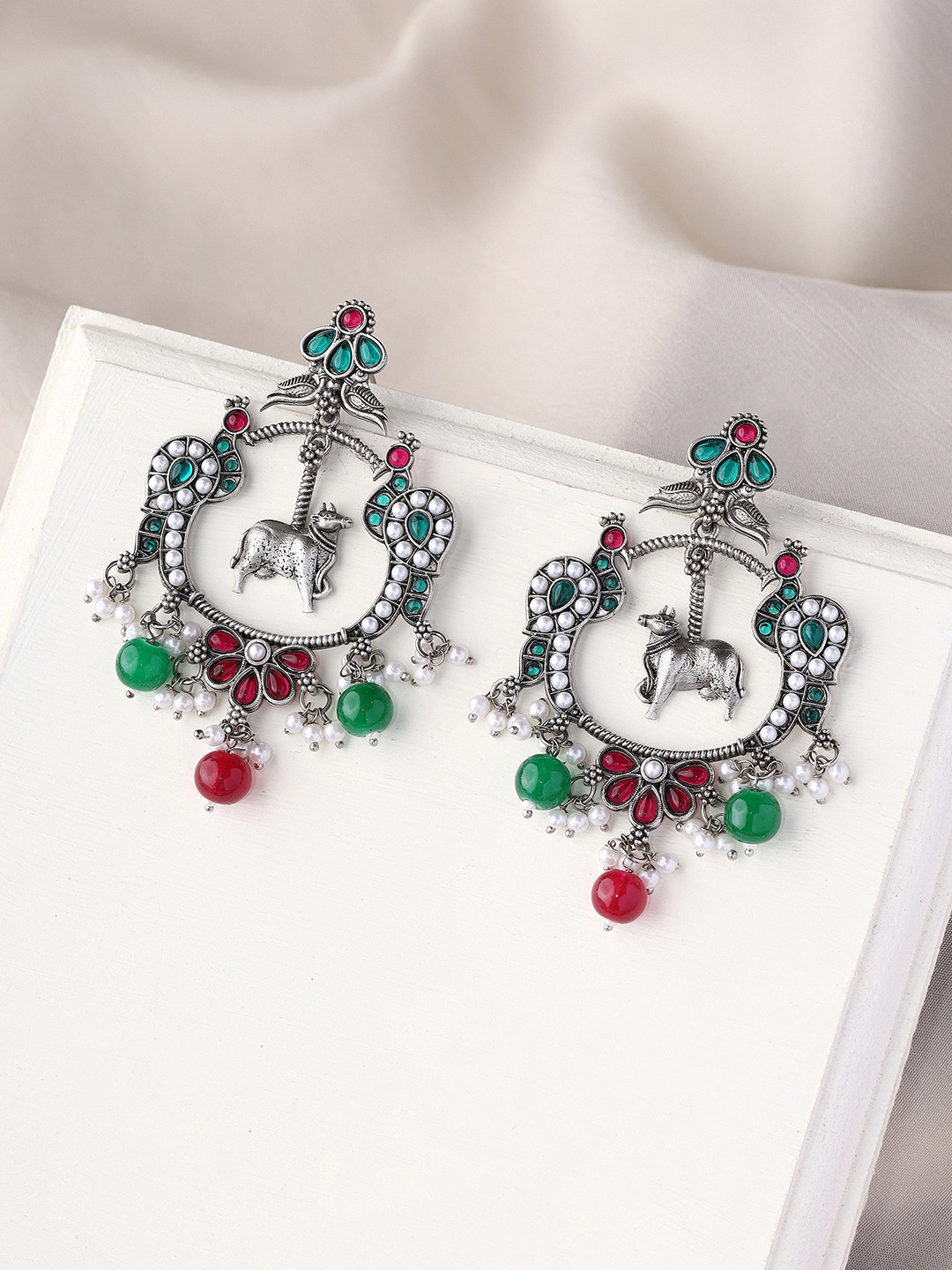 Priyaasi Silver-Plated Oxidized Peacock Chandbalis