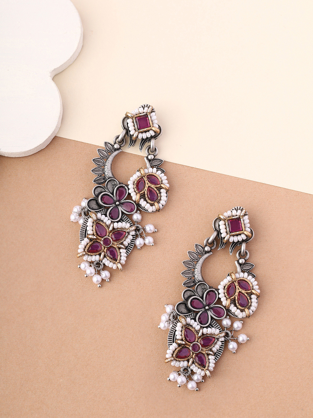 Priyaasi Silver Plated Contemporary Drop Pearl Earrings