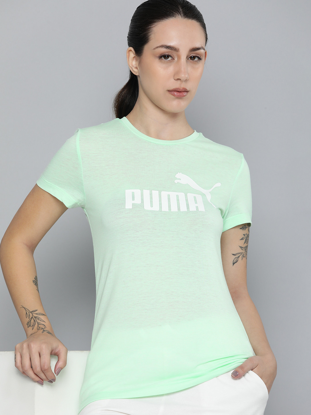 Puma Women Essentials Brand Logo Heather Printed T-shirt