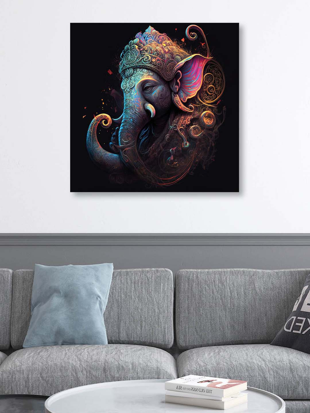 OLIVE TREE Black & Blue Lord Ganesha Canvas Framed Painting Wall Art