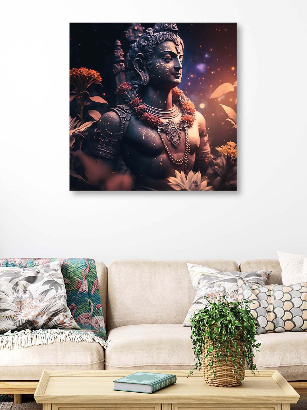 OLIVE TREE Brown & White Lord Shiva Canvas Framed Painting Wall Art