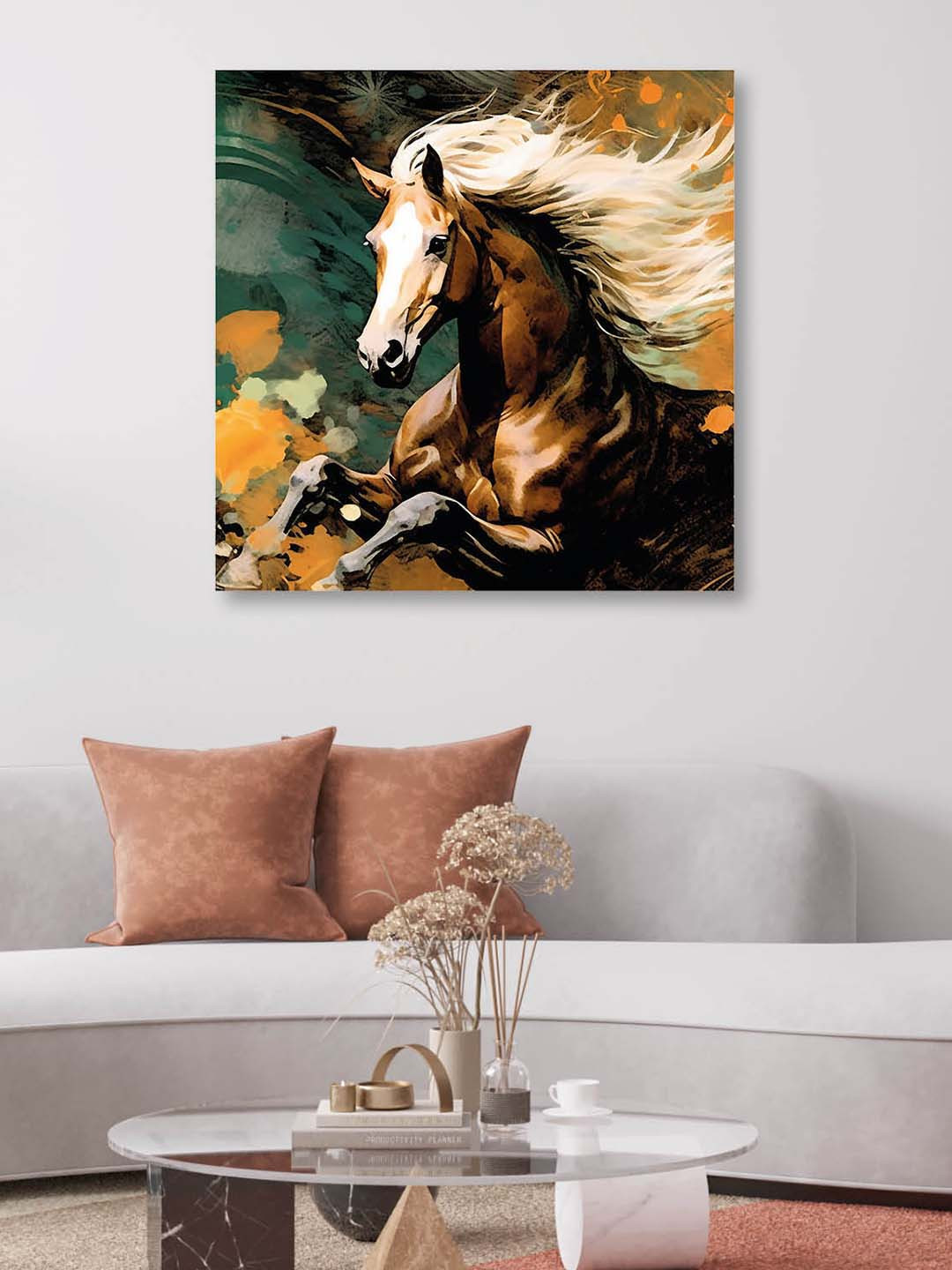 OLIVE TREE Green & Brown Horse Canvas Framed Painting Wall Art