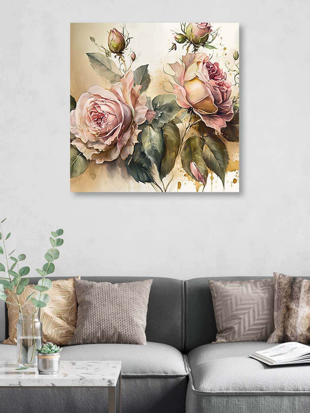 OLIVE TREE Pink & Green Flowers Canvas Framed Painting Wall Art