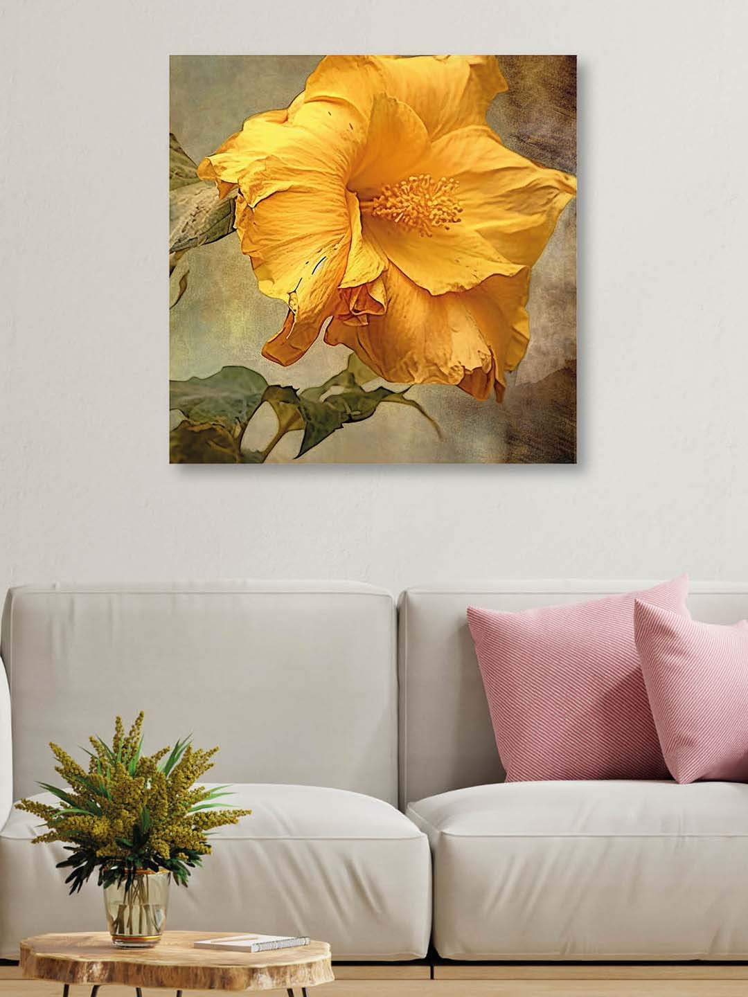 OLIVE TREE Yellow & Green Flower Canvas Framed Painting Wall Art