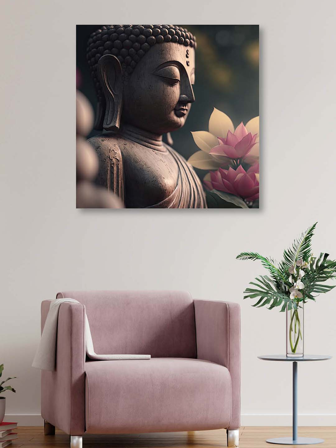 OLIVE TREE Pink & White Buddha Canvas Framed Painting Wall Art
