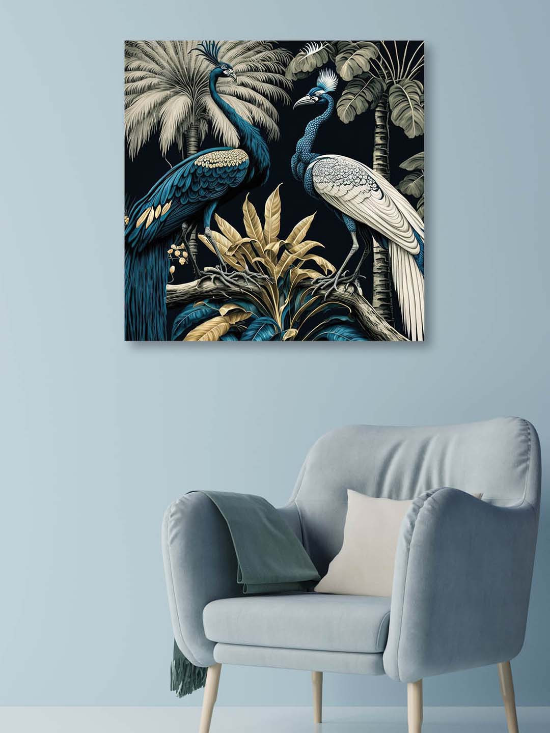 OLIVE TREE Blue & Brown Peacocks Canvas Framed Painting Wall Art