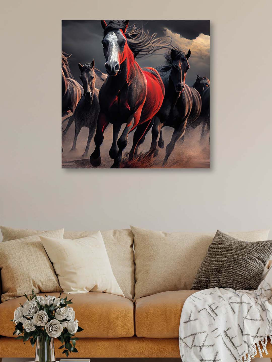 OLIVE TREE Red & Brown Horses Canvas Framed Painting Wall Art