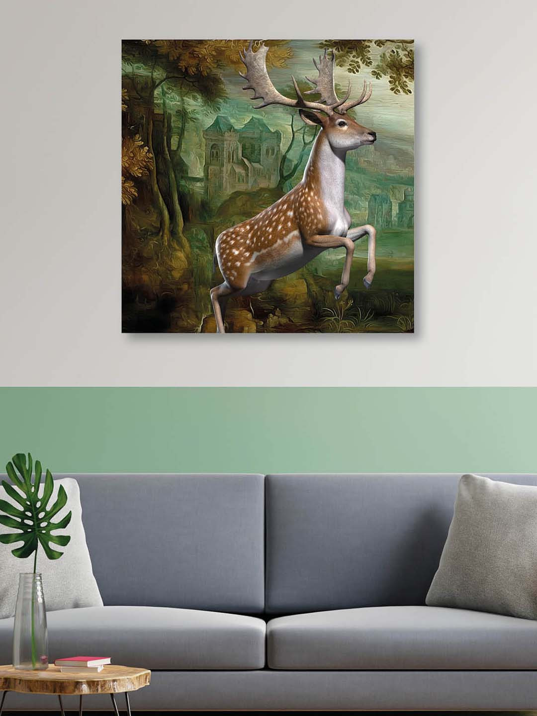 OLIVE TREE Brown & White Deer Canvas Framed Painting Wall Art