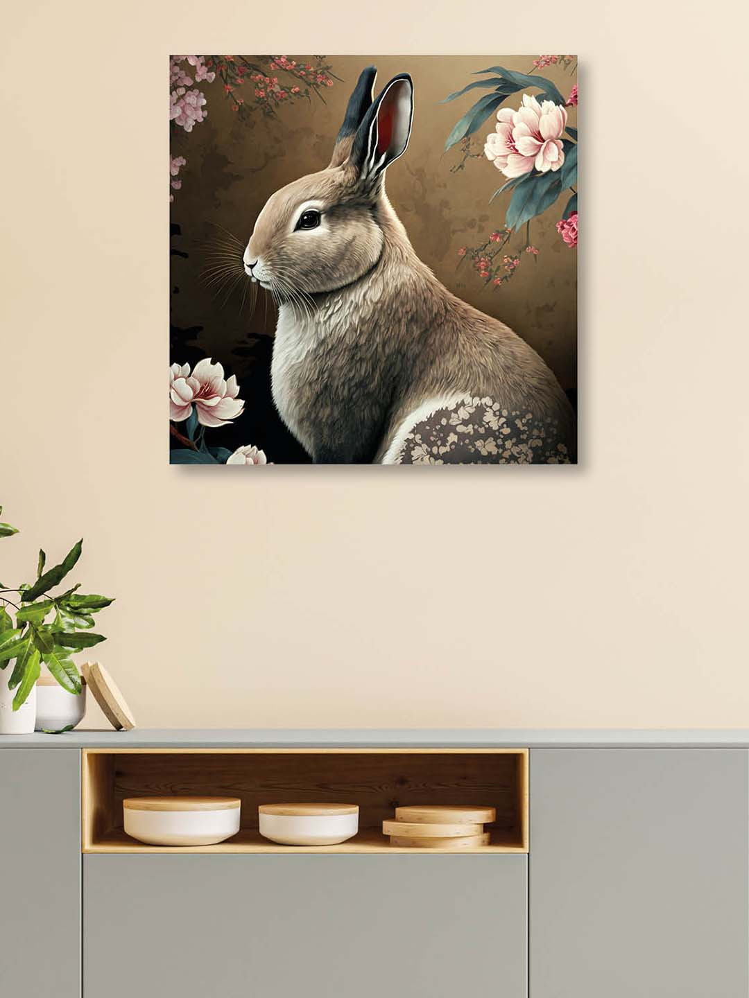 OLIVE TREE Brown & Green Rabbit Canvas Framed Painting Wall Art