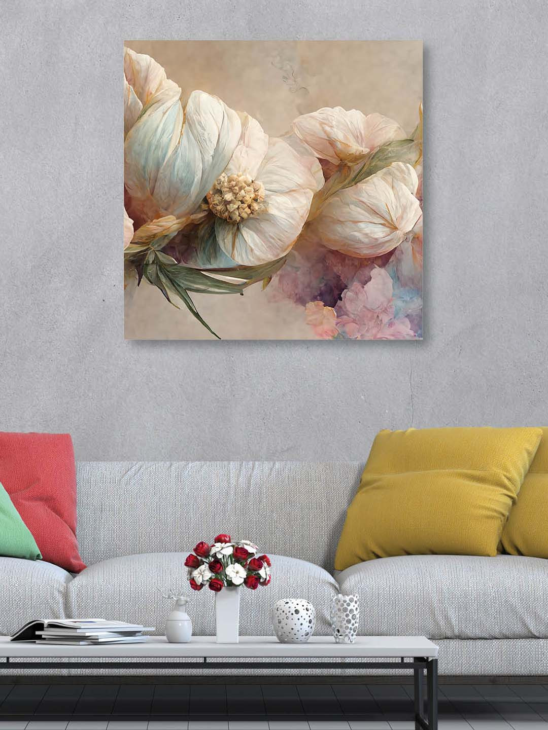 OLIVE TREE Off White & Pink Floral Canvas Framed Painting Wall Art