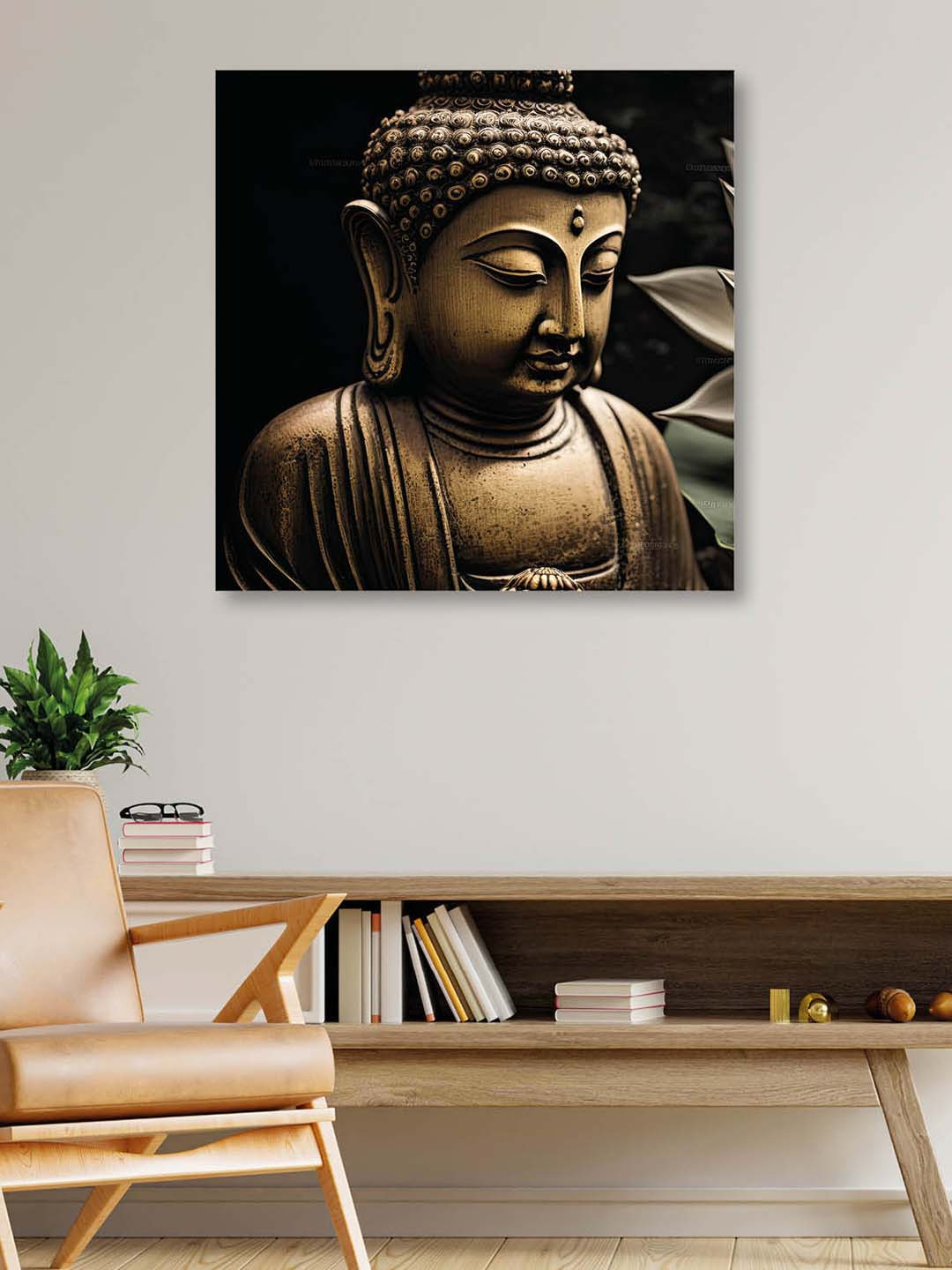 OLIVE TREE Copper Toned & Black Buddha Canvas Framed Painting Wall Art