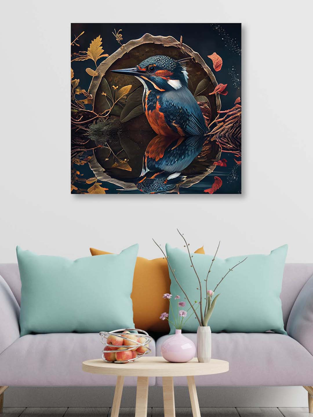 OLIVE TREE Blue & Orange Bird Canvas Framed Painting Wall Art