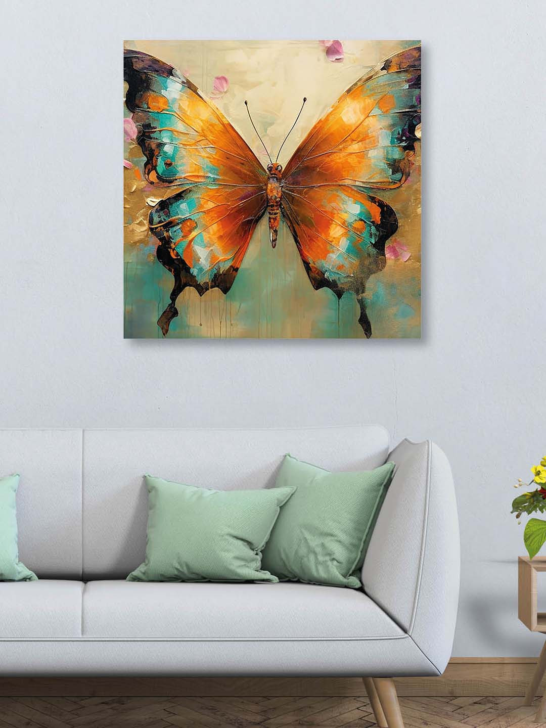 OLIVE TREE Blue & Orange Butterfly Canvas Framed Painting Wall Art