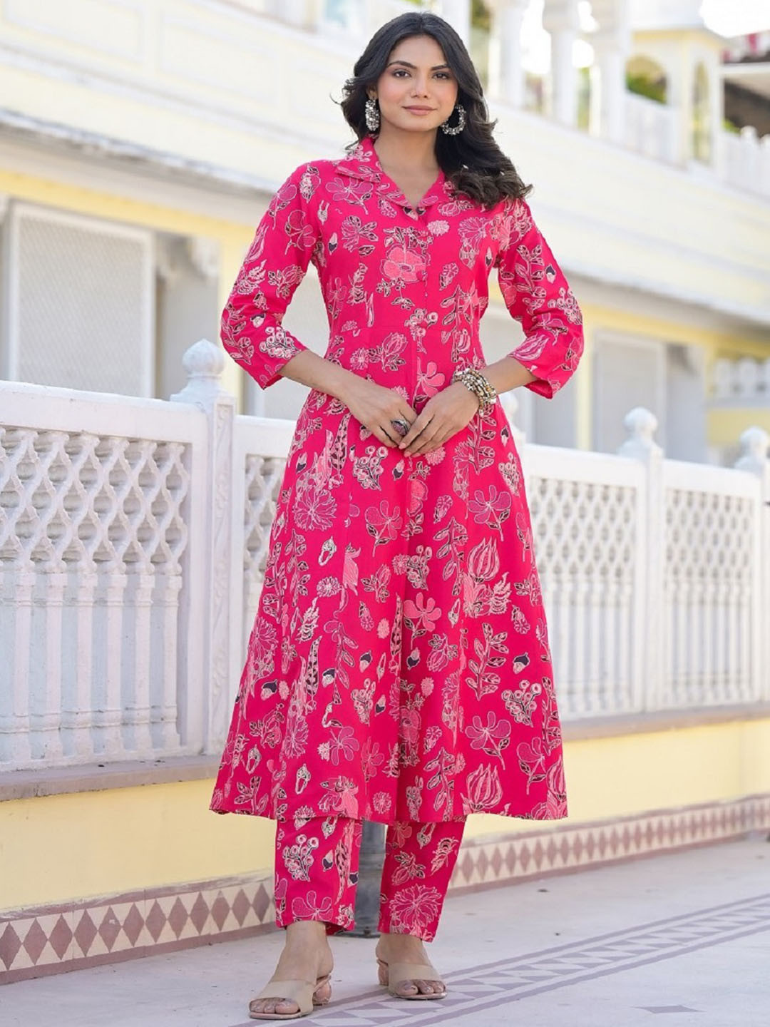 Stylum Pink Floral Printed Shirt Collar Empire A Line Kurta with Trouser