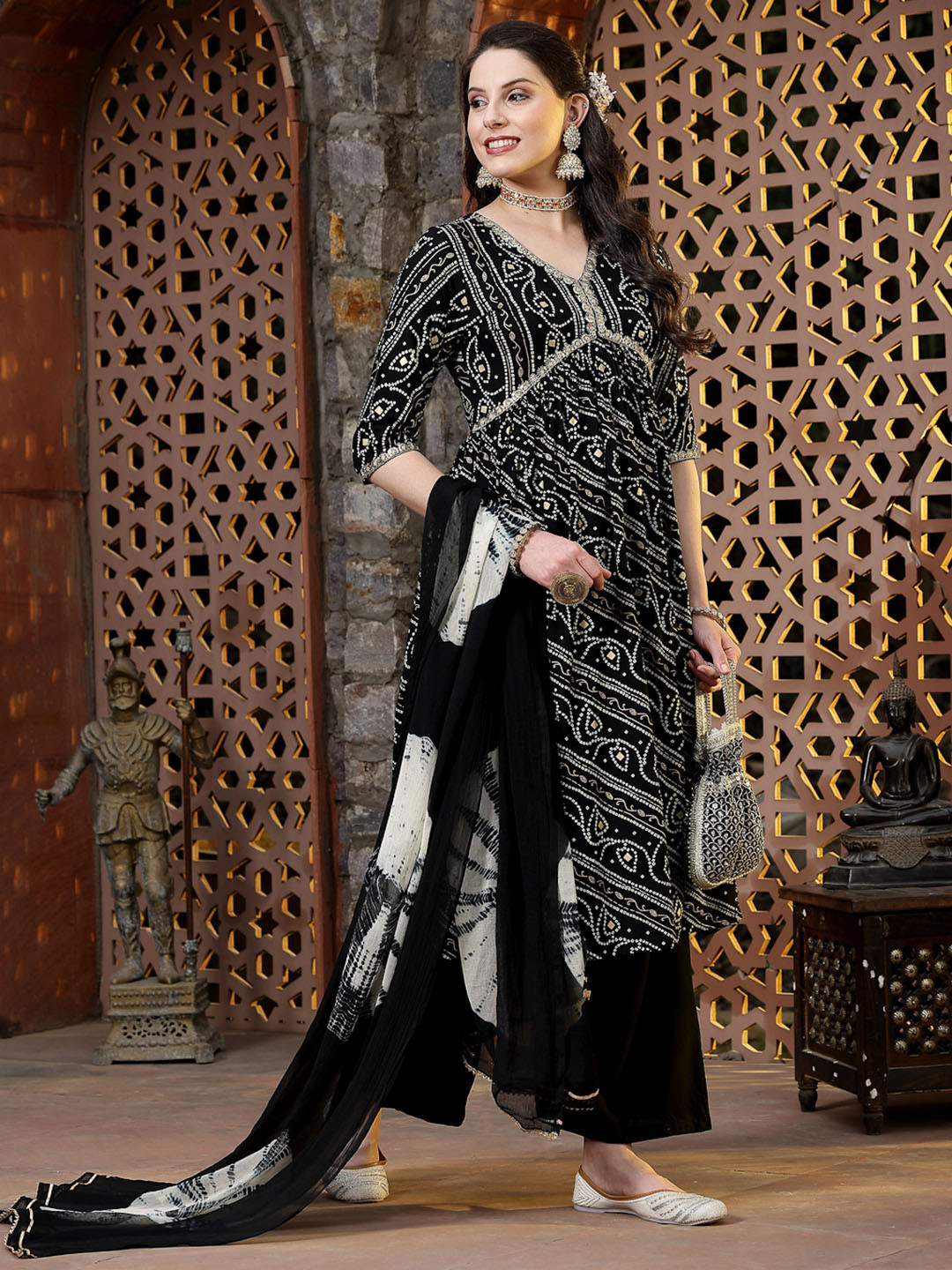 Stylum Rust Bandhani Printed Empire Sequinned Anarkali Kurta with Palazzo & Dupatta