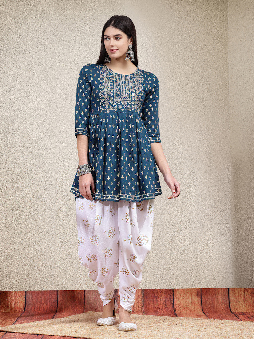Stylum Teal Ethnic Motifs Printed & Embroidered Empire A Line Kurti With Dhoti Pant
