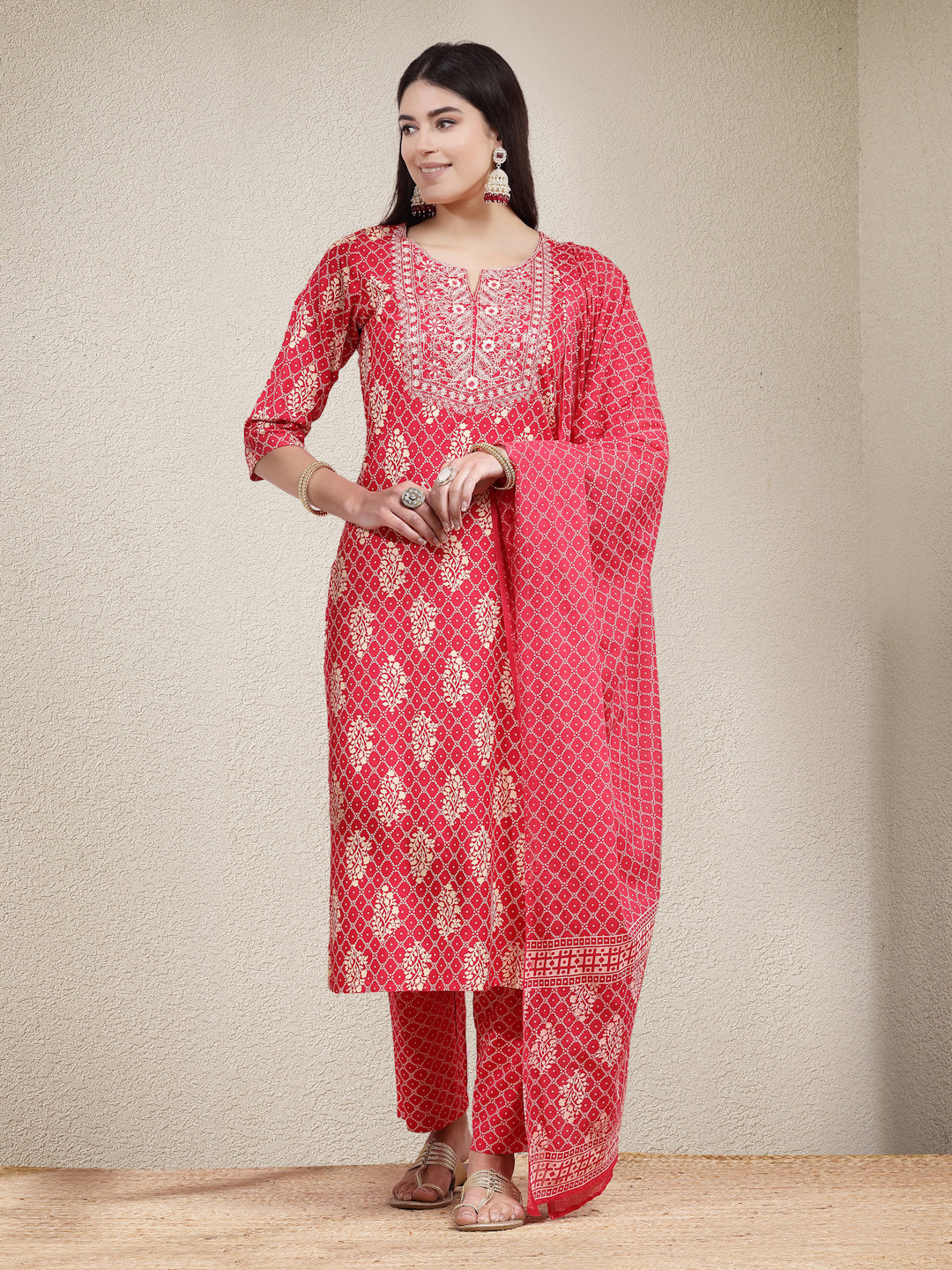 Stylum Pink Ethnic Motifs Printed Thread Work Straight Kurta with Trouser & Dupatta