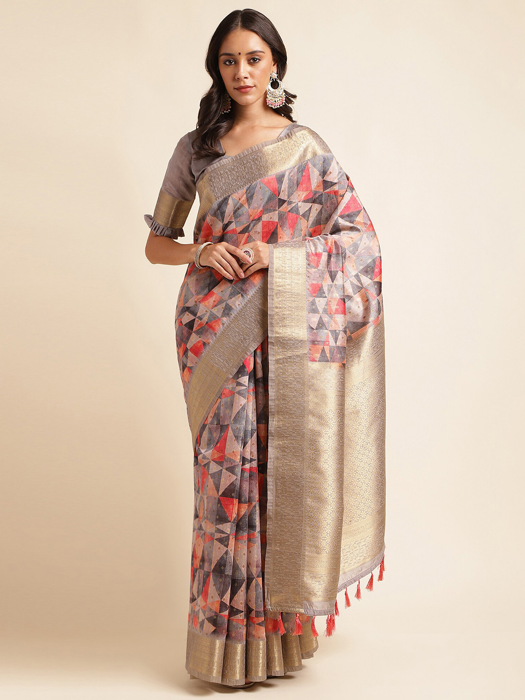 DOI MOI Zari Geometric Printed Pure Tussar Silk Banarasi Saree