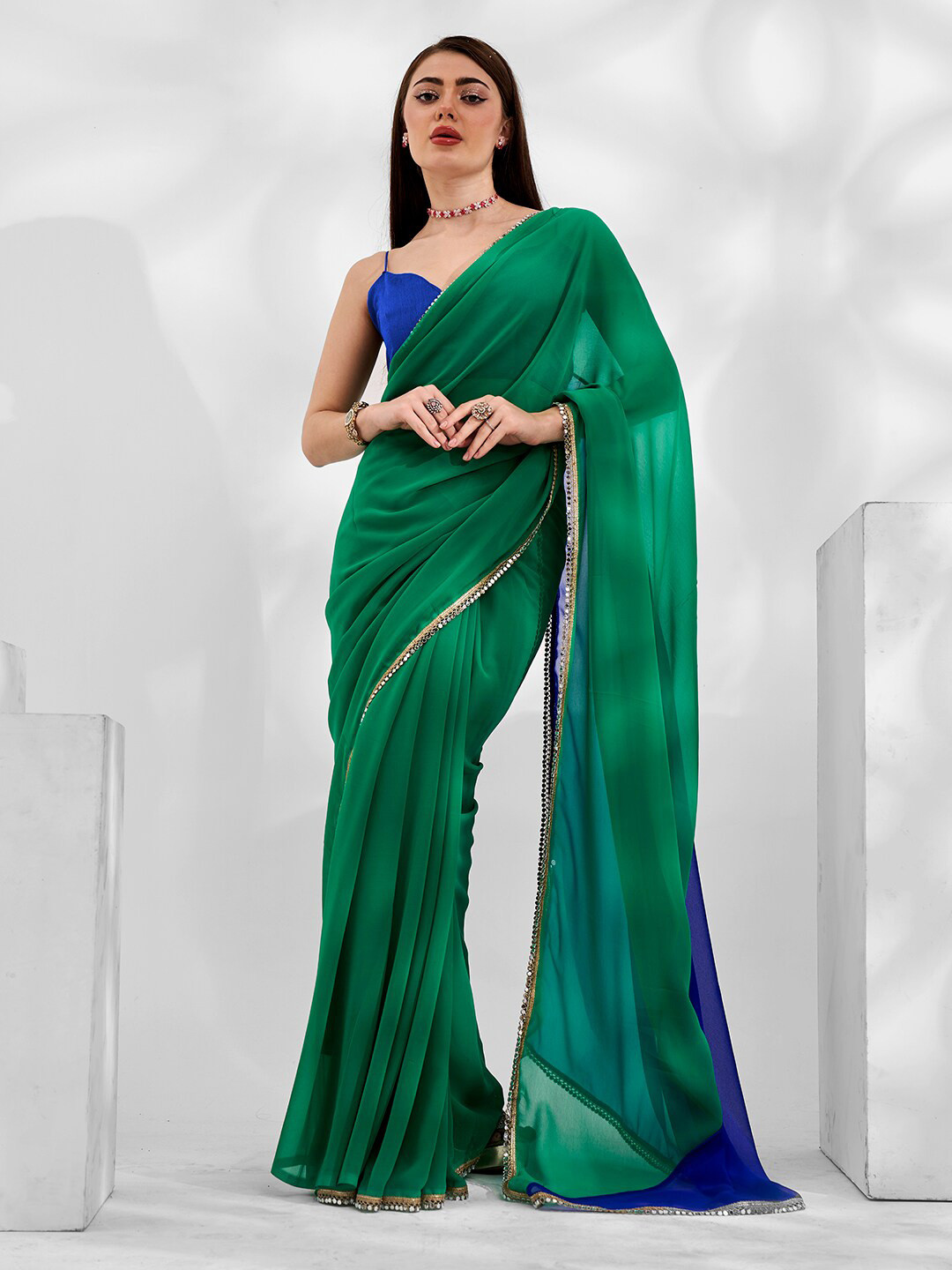 Mitera Green Colourblocked Pure Georgette Designer Saree