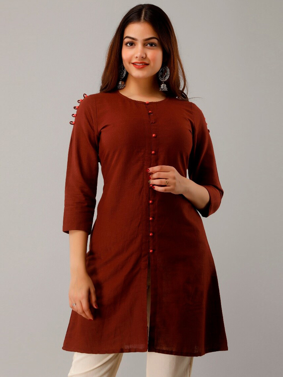 HERE&NOW Coffee Brown Round Neck Pure Cotton Straight Kurta