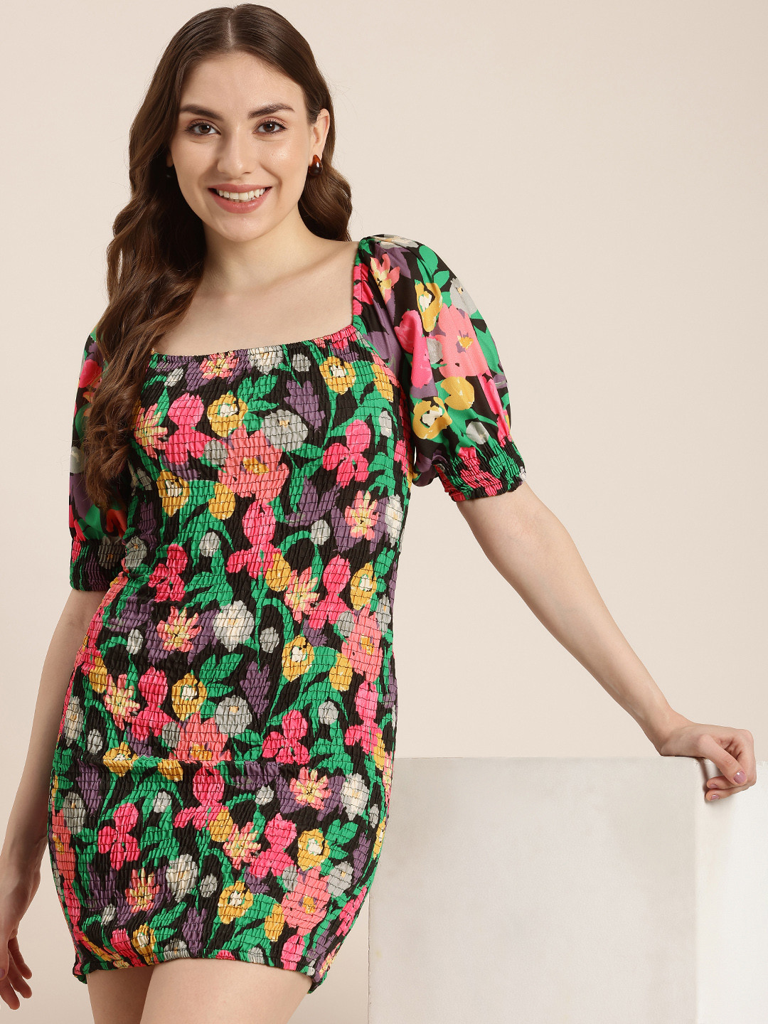 HERE&NOW Print Puff Sleeve Smocked Bodycon Mini Dress