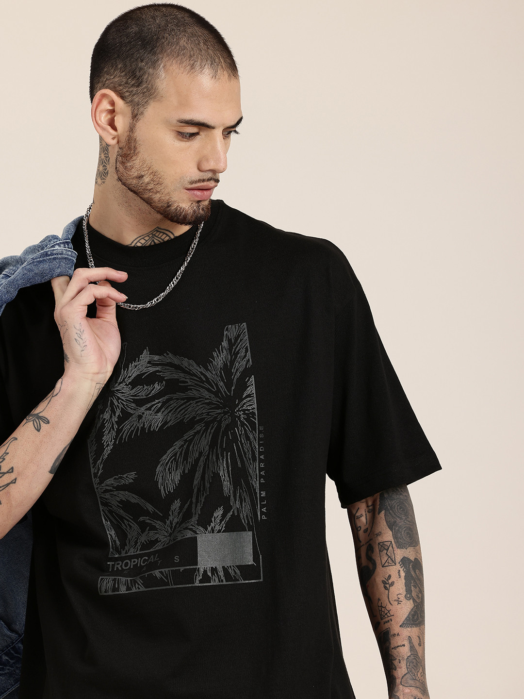 HERE&NOW Tropical Printed Drop-Shoulder Sleeves T-shirt