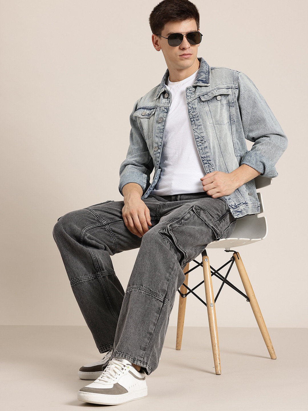 HERE&NOW Men Relaxed Fit Cargo-Style Baggy Jeans