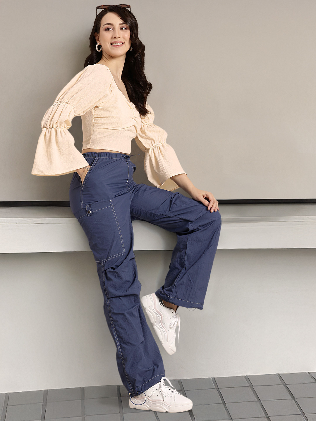 HERE&NOW Bell Sleeves Fitted Crop Top