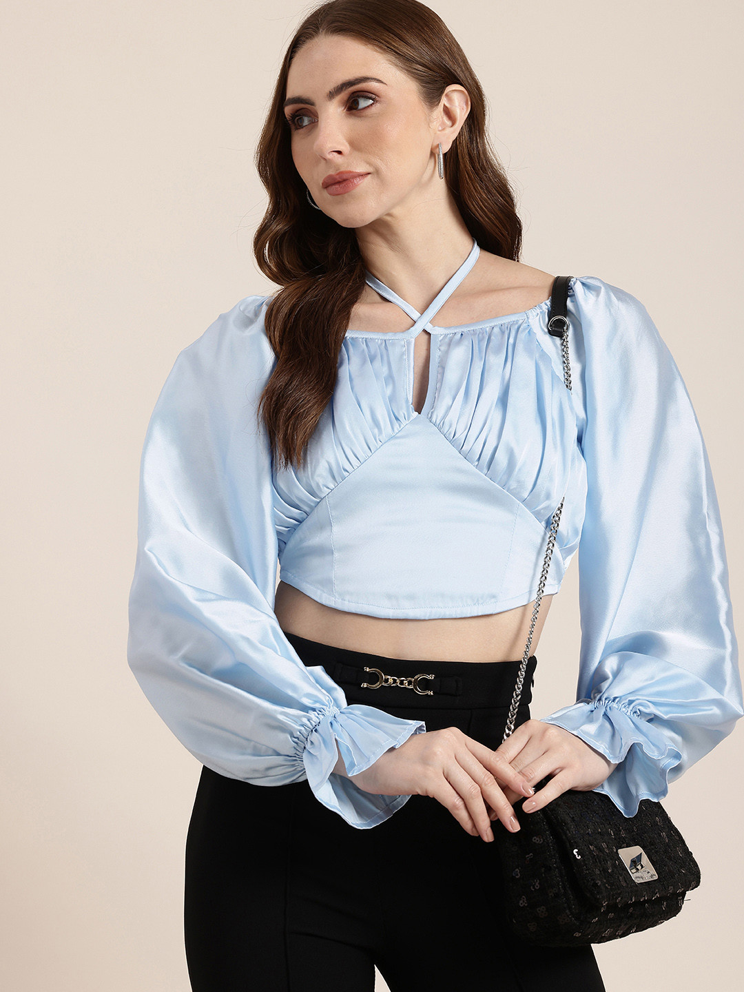 HERE&NOW Tie-Up Neck Smocked Pleated Satin Finish Corset Crop Top