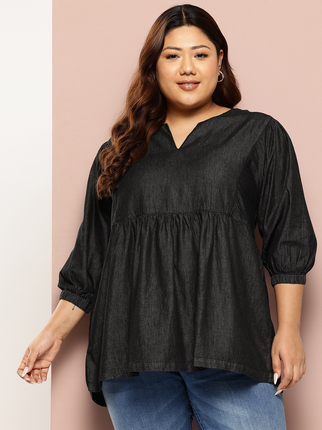 Sztori Plus Size Pure Cotton A-Line Chambray Top