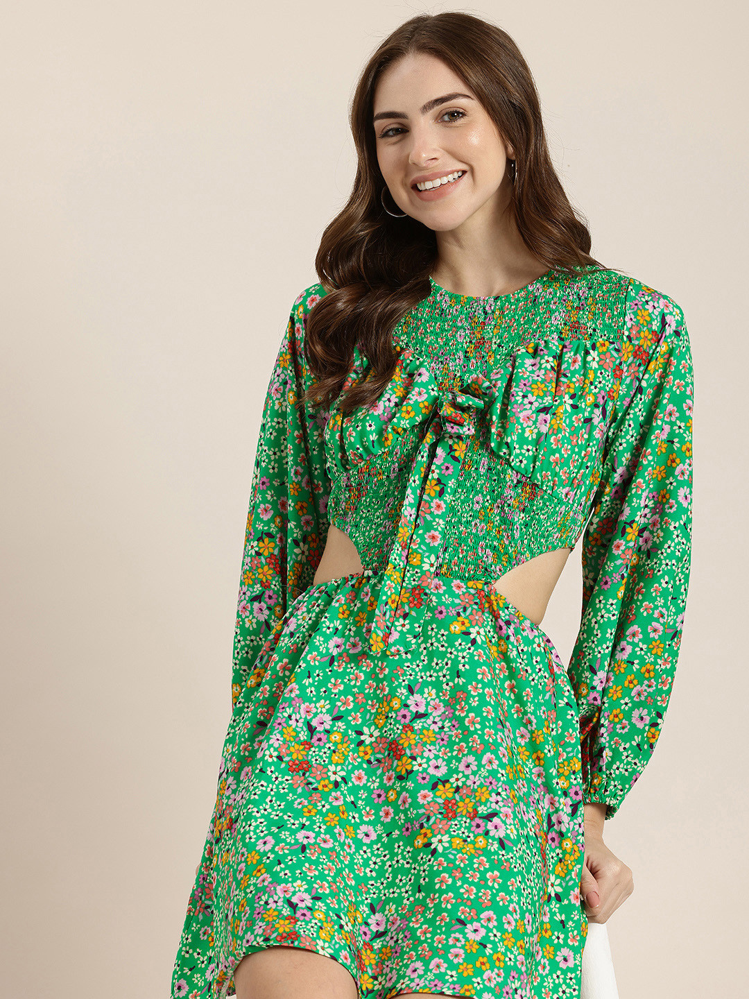 HERE&NOW Floral Printed Fit & Flare Cut-Out Dress