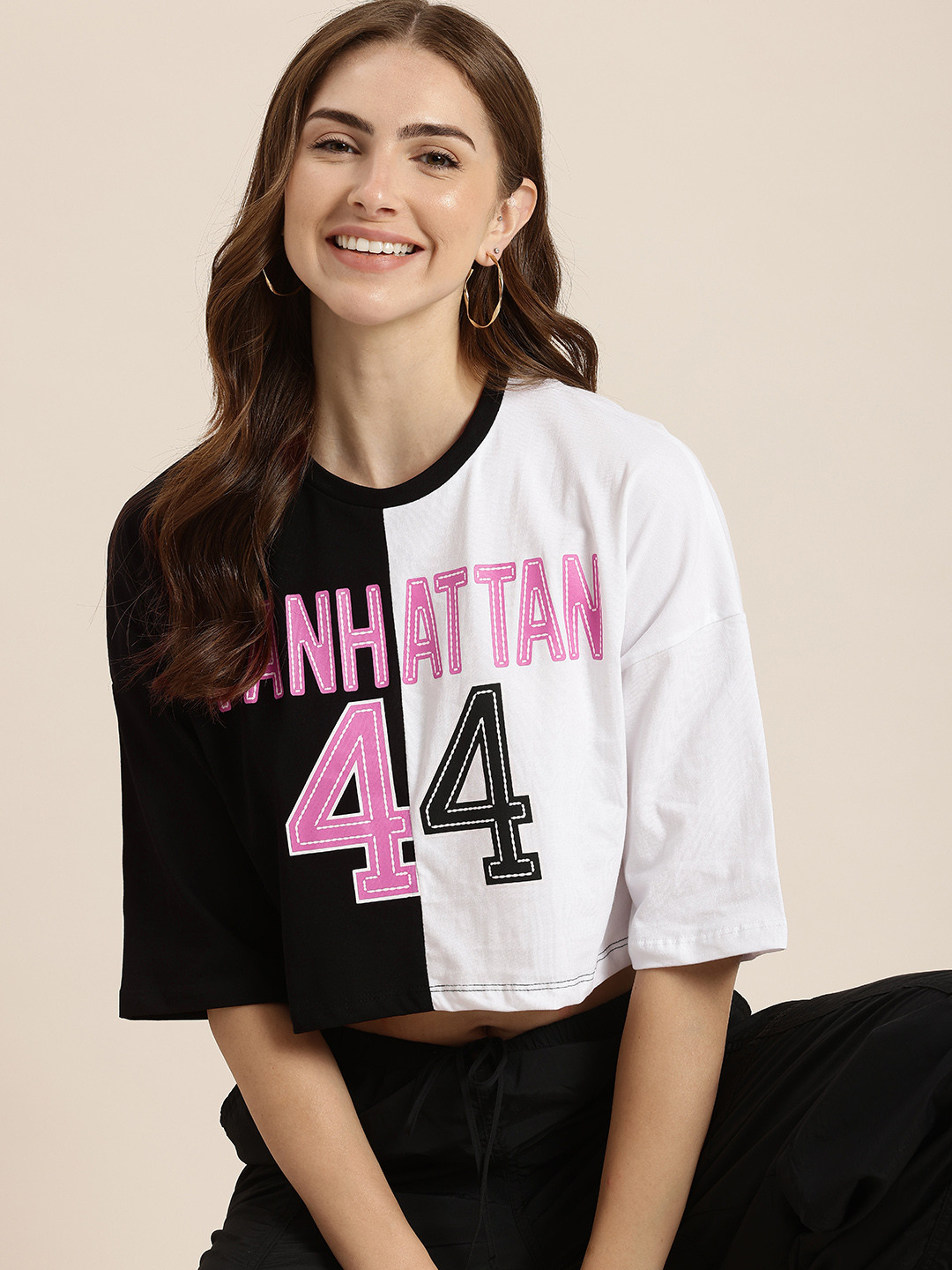 HERE&NOW Typography Print Colourblocked Varsity Drop-Shoulder Pure Cotton Crop Oversized T-shirt