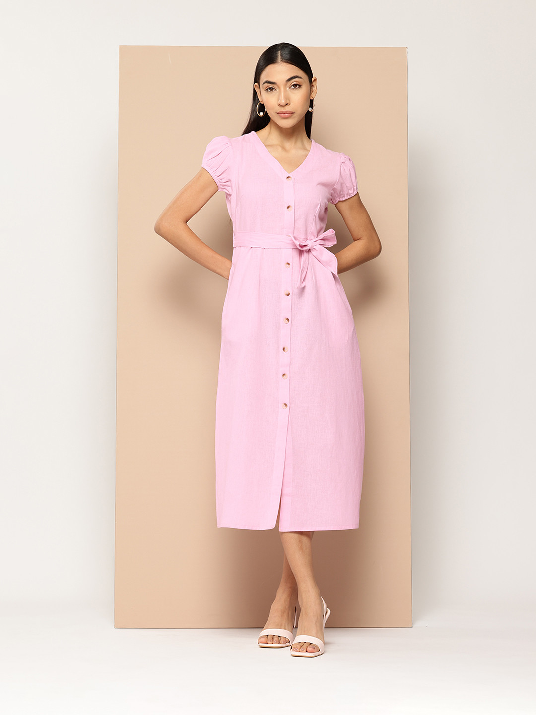Chemistry Puff Sleeve Midi Dress with Tie-Up Belt