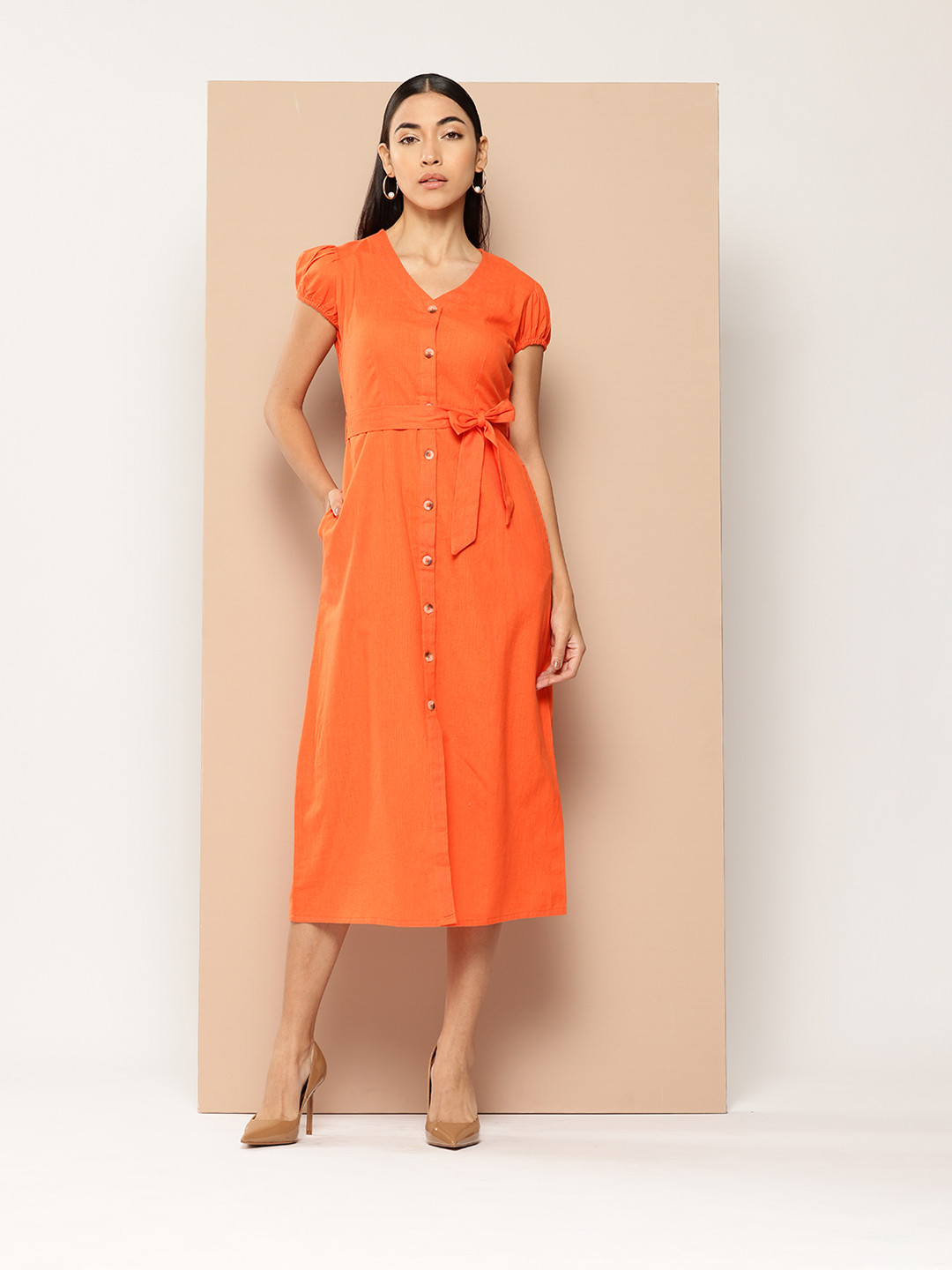 Chemistry Puff Sleeve Midi Dress with Tie-Up Belt