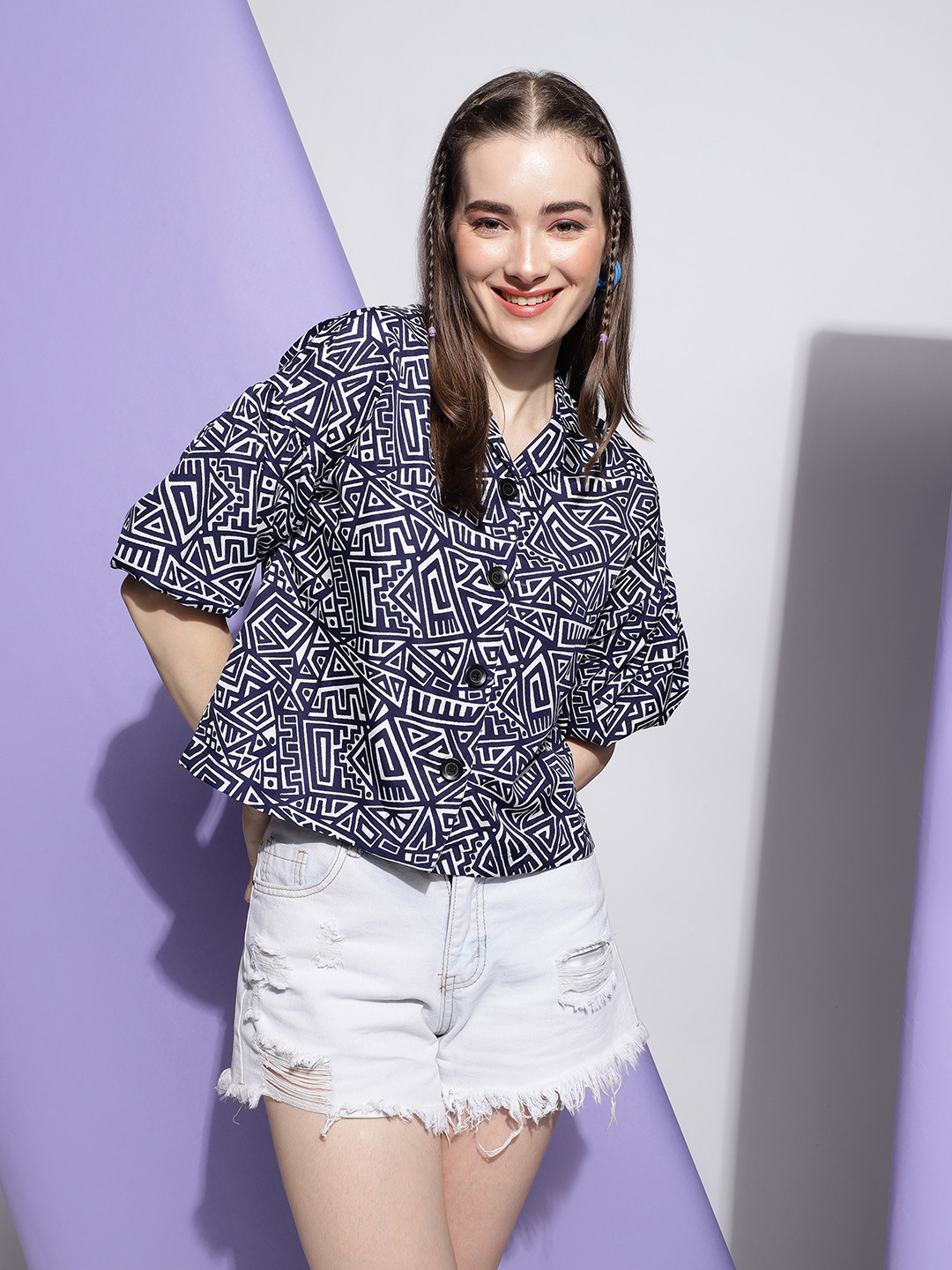 FashionsEye Abstract Printed Shirt Collar Short Sleeves Shirt Style Top