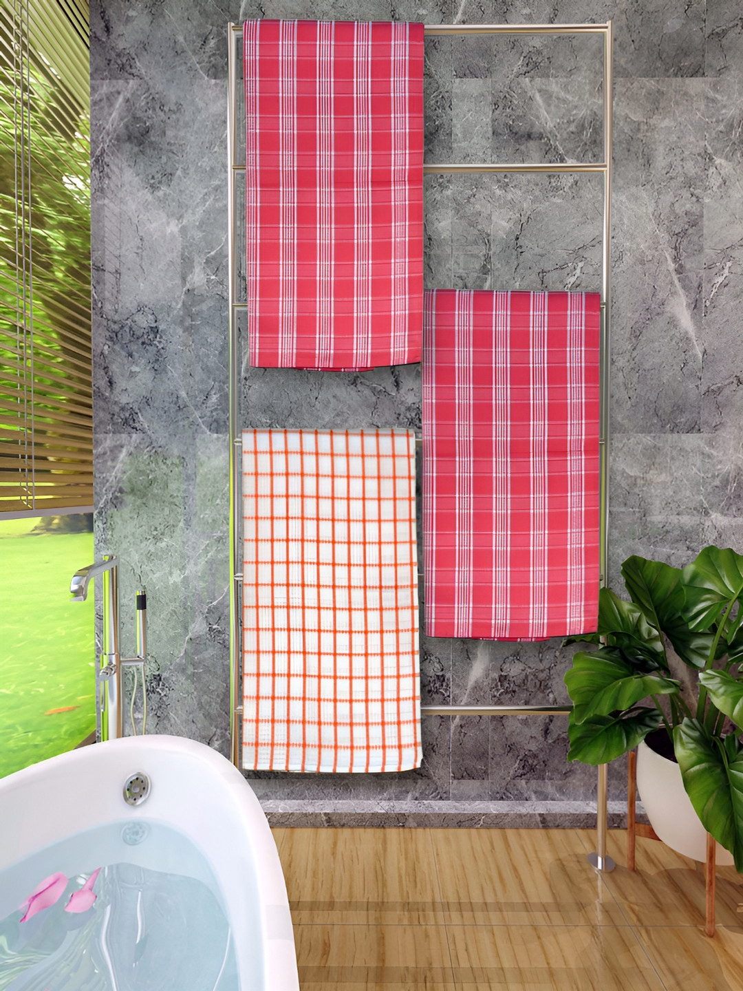 Athom Living Red & White 3 Pieces Checked Bath Towels