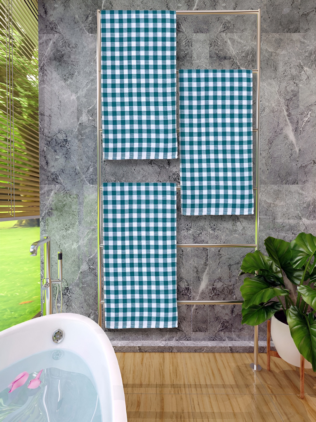Athom Living Green & White 3 Pieces Printed Cotton 150 GSM Bath Towels