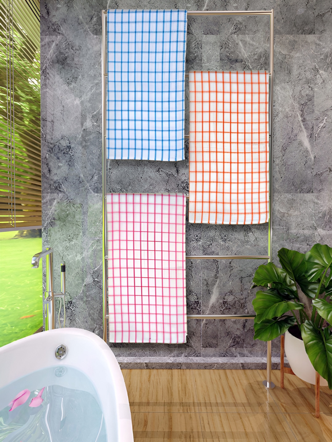 Athom Living Red & Blue 3 Pieces Checked Cotton 150 GSM Bath Towels