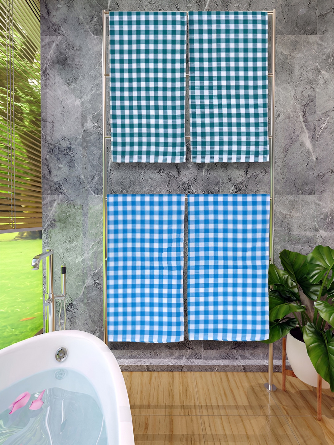 Athom Living Green & Blue 4 Pieces Checked Cotton 150 GSM Bath Towels