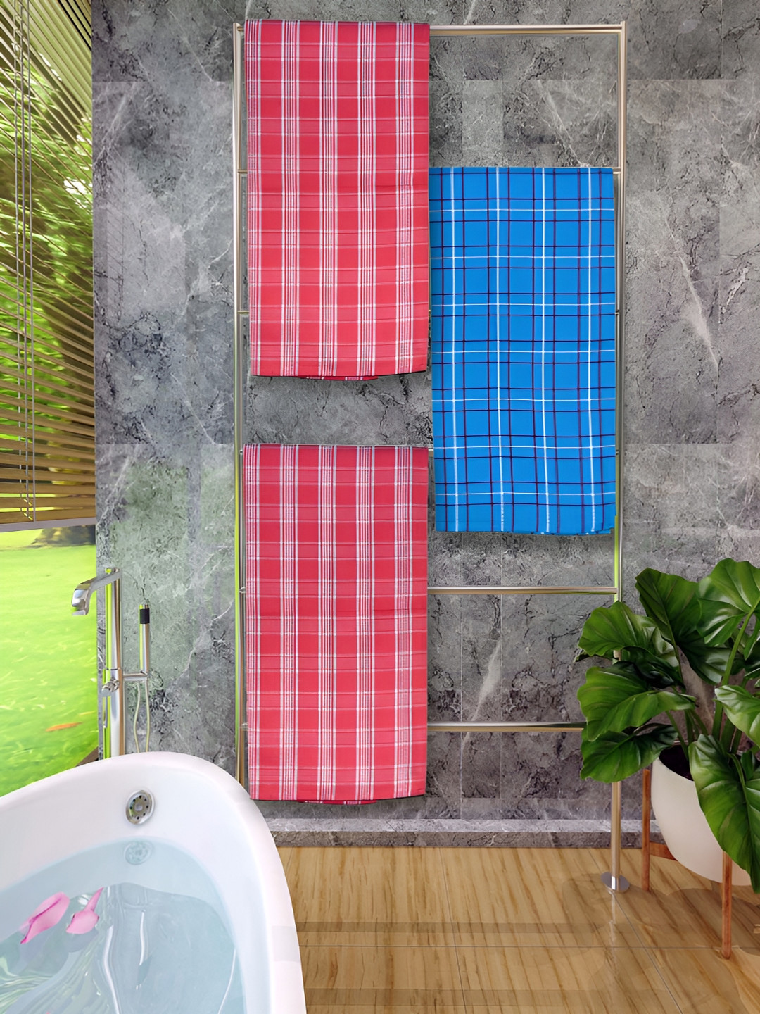 Athom Living Red & Blue 3 Pieces Checked Cotton 150 GSM Bath Towel